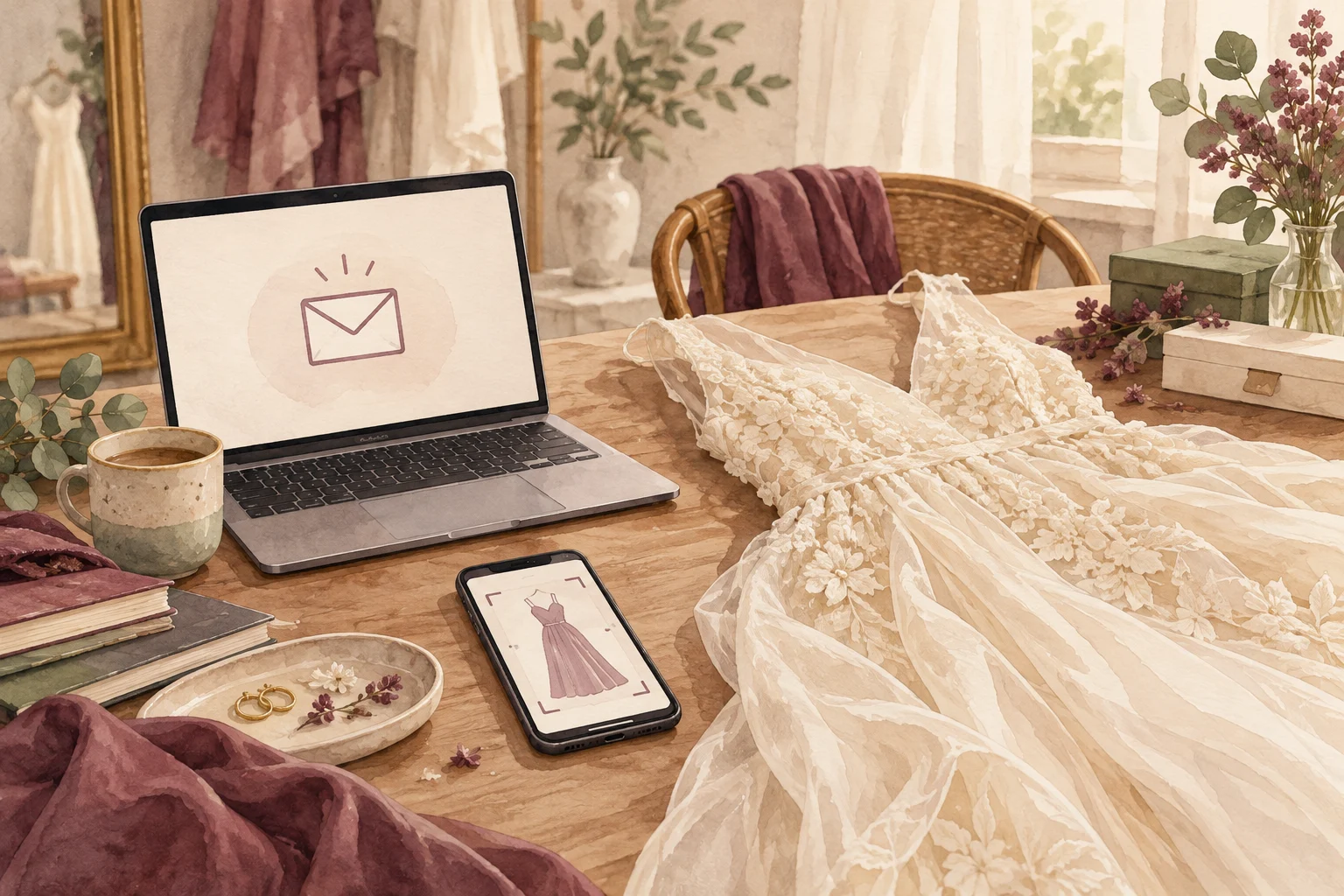 Ilustración con IA de un correo de consulta y fotografías de un vestido